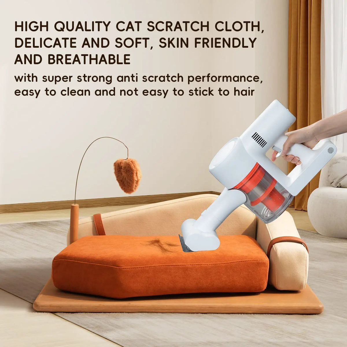 Wooden Pet Bed for Cats & Dogs, orange cushion on natural wood base for pets to rest comfortably at home