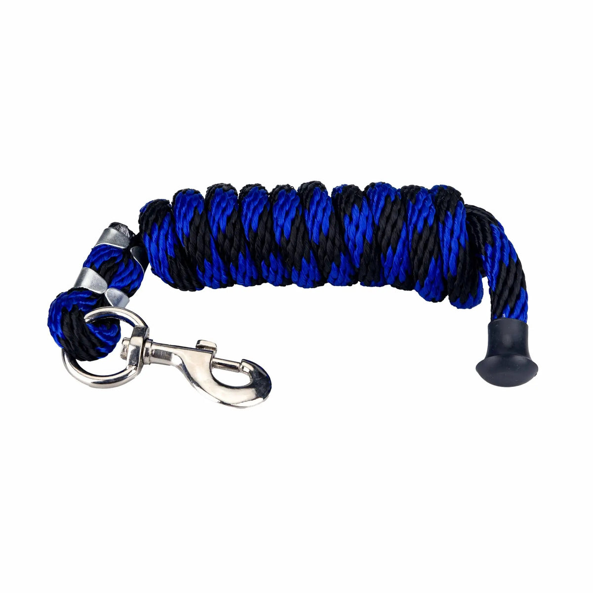 GATSBY Solid-Braid Polypropylene Lead by StateLineTack, blue and black braided rope with metal clip.