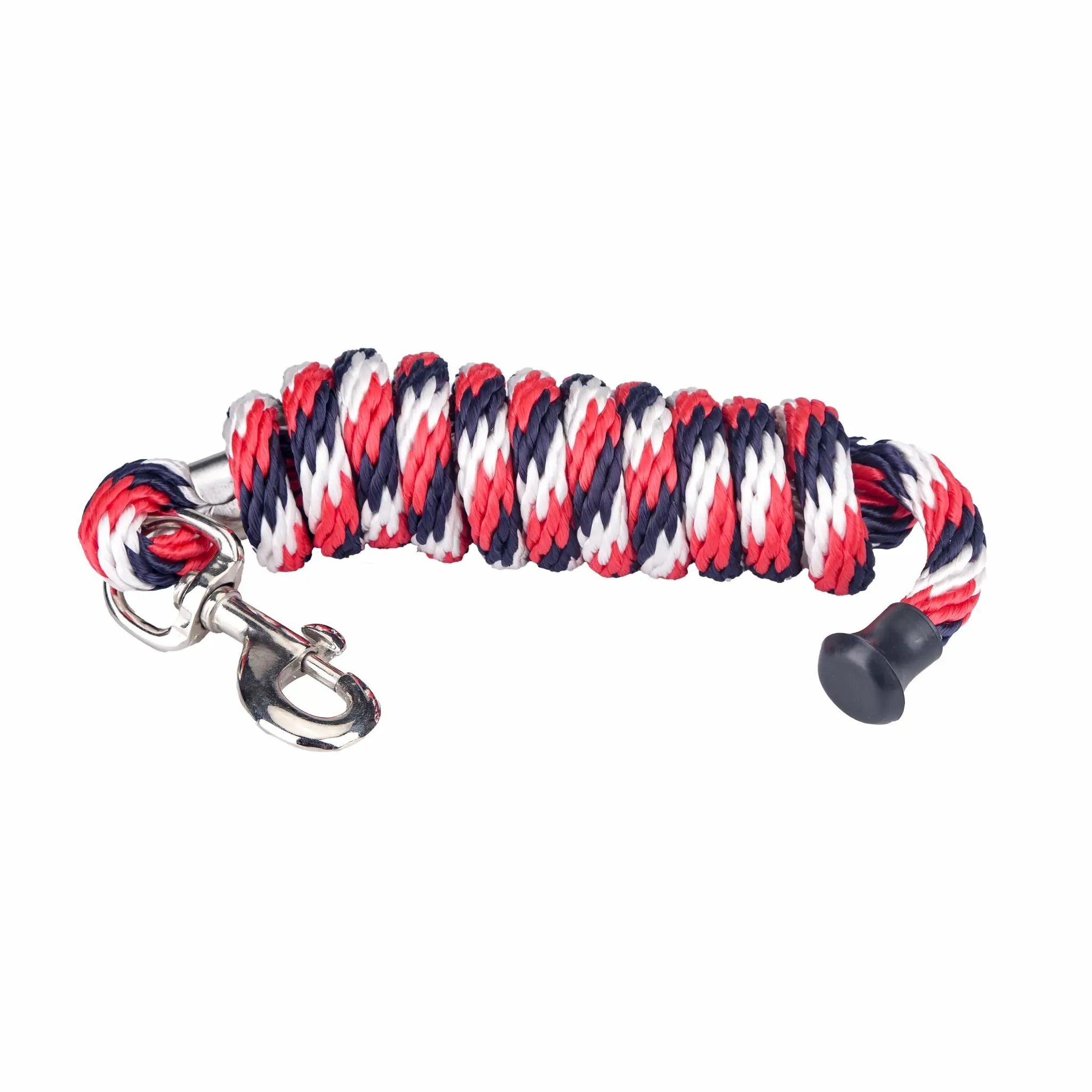 GATSBY Solid-Braid Polypropylene Lead rope in red, white, and navy with a metal snap hook
