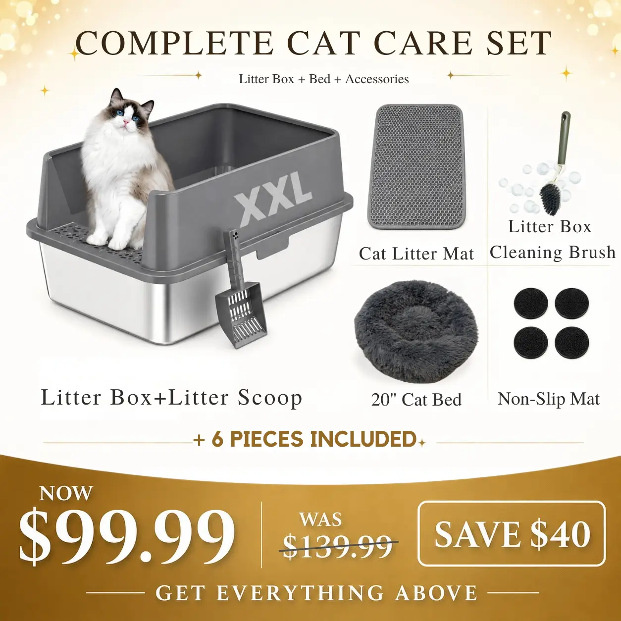XXL stainless steel cat litter box by For Animals, With Love; 6-piece set with mat, scoop, brush, bed and non-slip mat