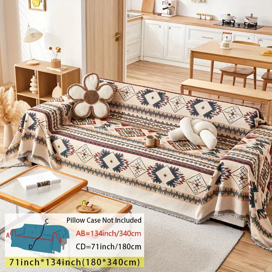 Extra Large Sofa Cover by topspet in tribal geometric beige pattern with blue accents.