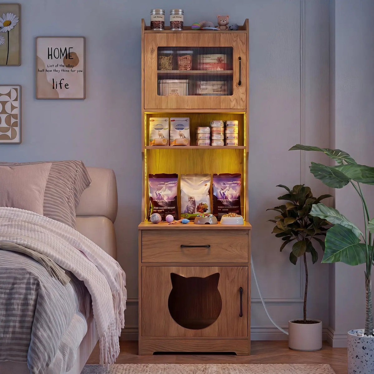 Cat litter box enclosure in natural wood with warm LED lighting and shelves stocked with cat food and supplies.
