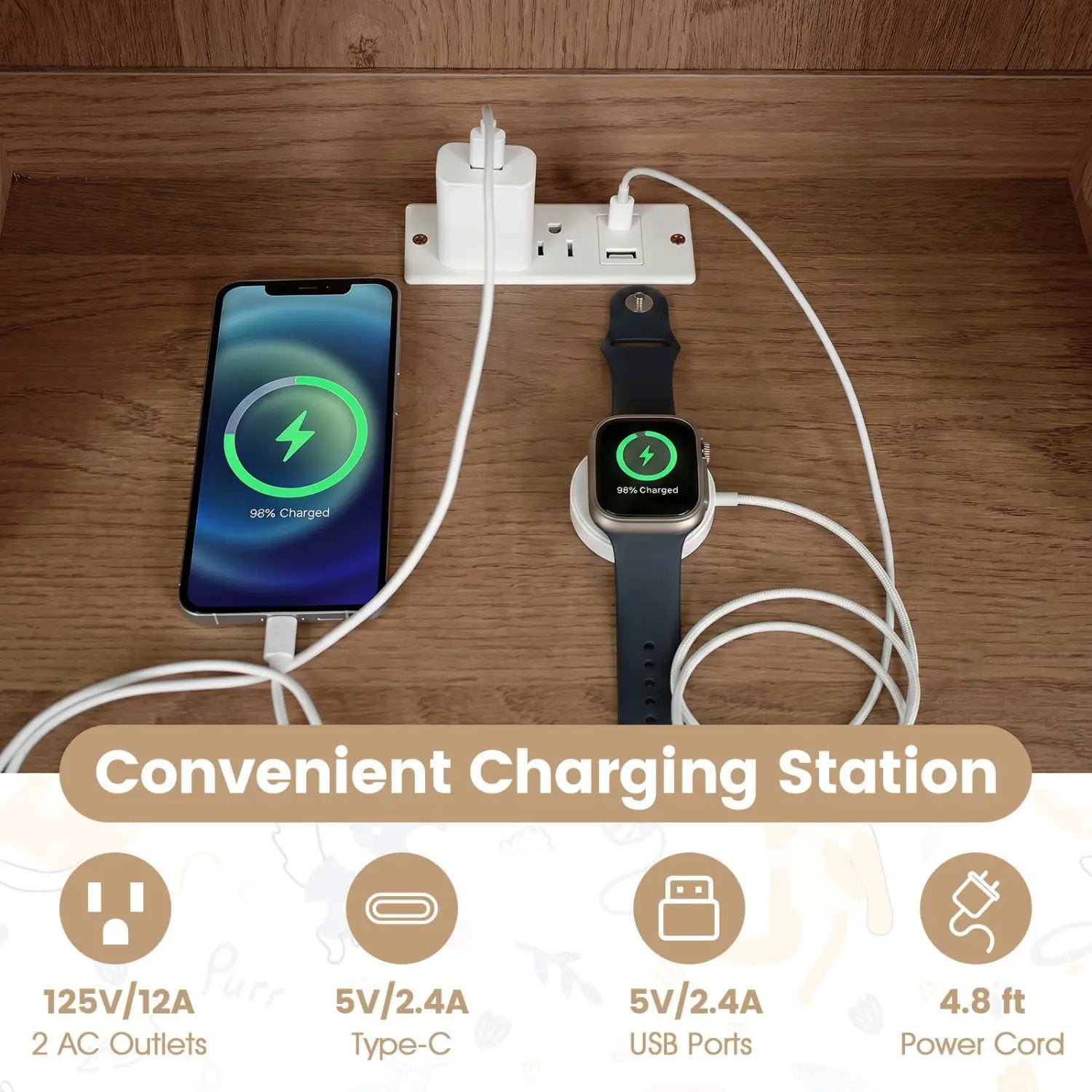 Cat Litter Box Enclosure with LED Light & Charging Station; iPhone and Apple Watch charging on a white power strip