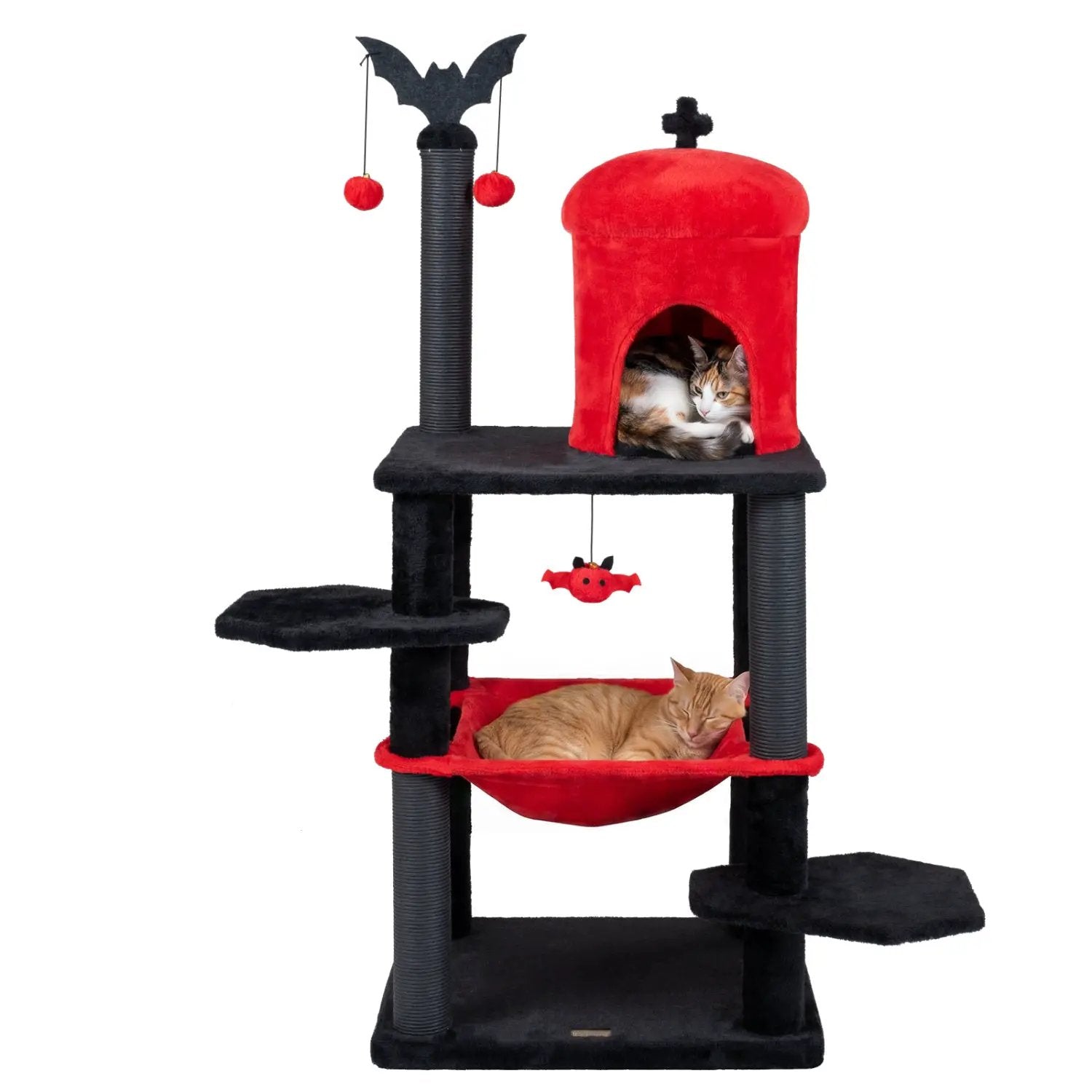 60-inch Gothic Cat Tower with plush red coffin bed, bat-topped perch, black posts; 2 cats