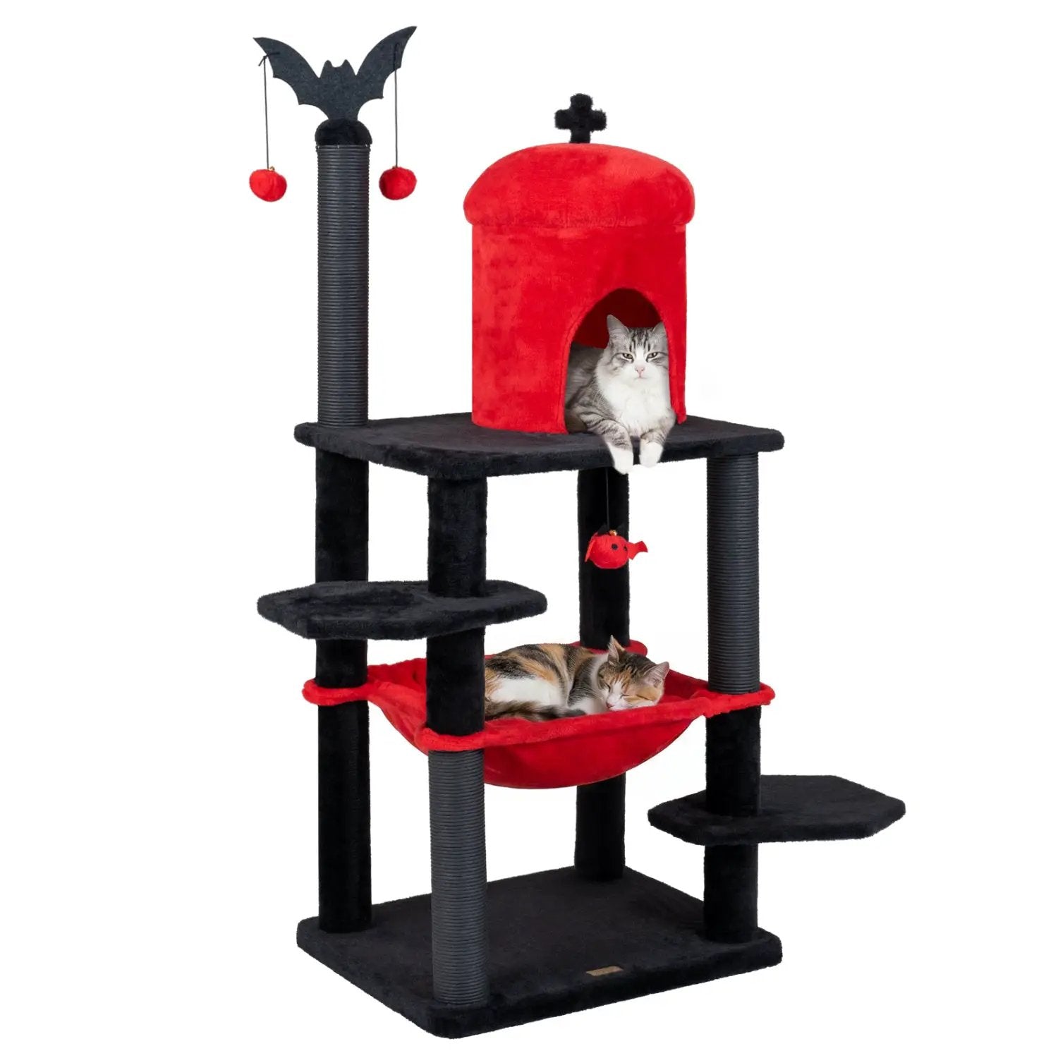 60-inch Gothic Cat Tower with coffin bed and plush perch by DirectDeals; black cat tree with red bed and two cats.