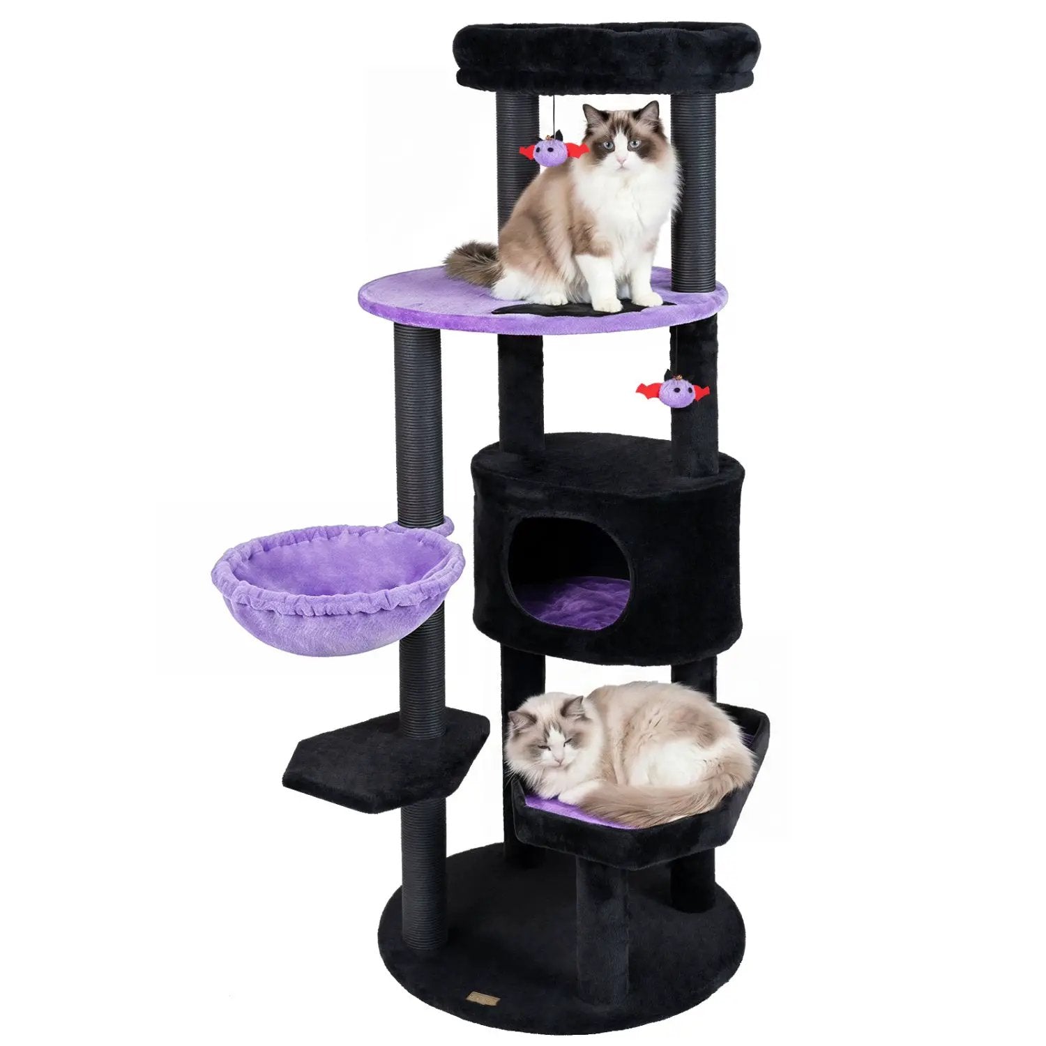 60-inch Gothic Cat Tower with plush purple perch, black posts, hanging toys, and two cats lounging