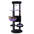 Load image into Gallery viewer, 60-inch Gothic Cat Tower cat tree in black and purple with plush perches and hanging toys; resting in purple hammock.
