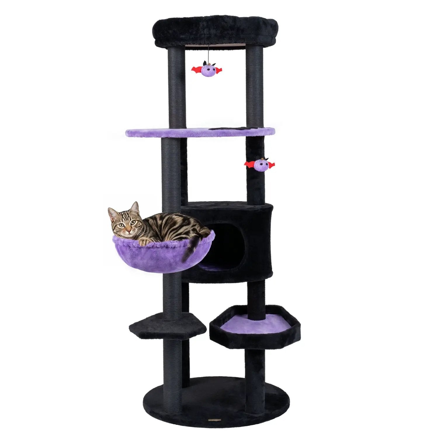 60-inch Gothic Cat Tower cat tree in black and purple with plush perches and hanging toys; resting in purple hammock.