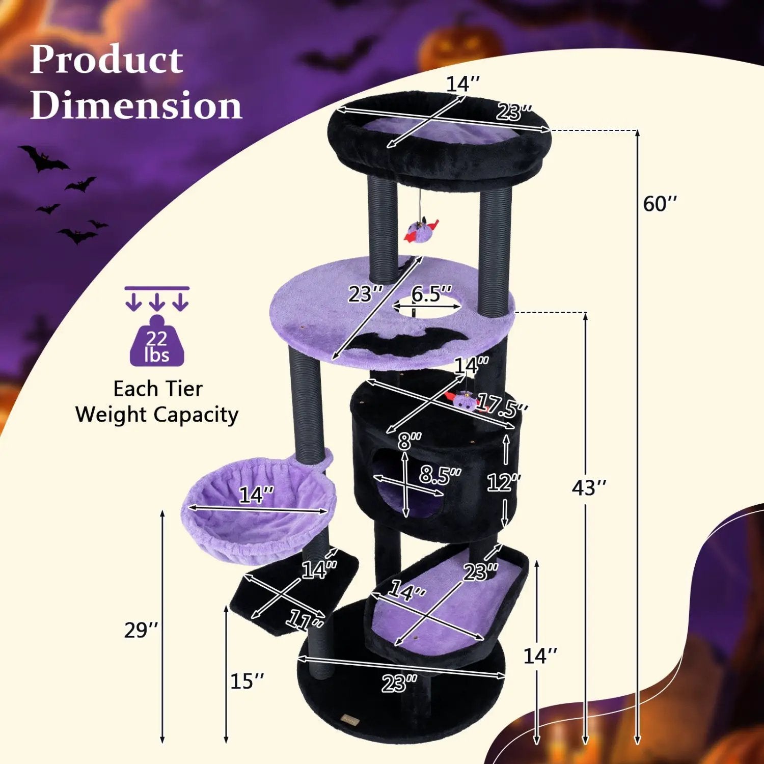 Cat Tree by DirectDeals, 60-inch Gothic Cat Tower with plush purple perches and hanging toys