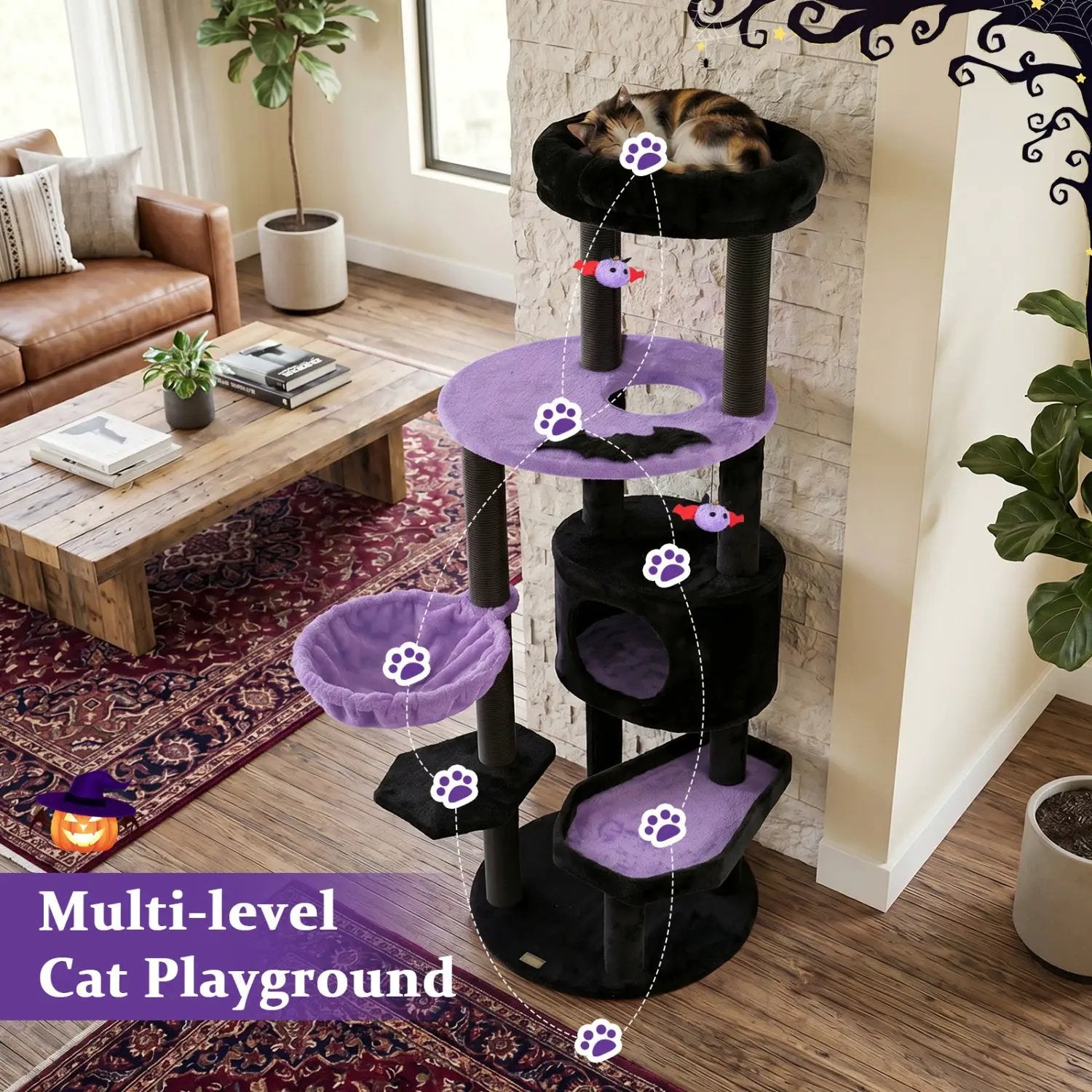60-inch Gothic Cat Tower with plush purple platforms and hanging toys by DirectDeals