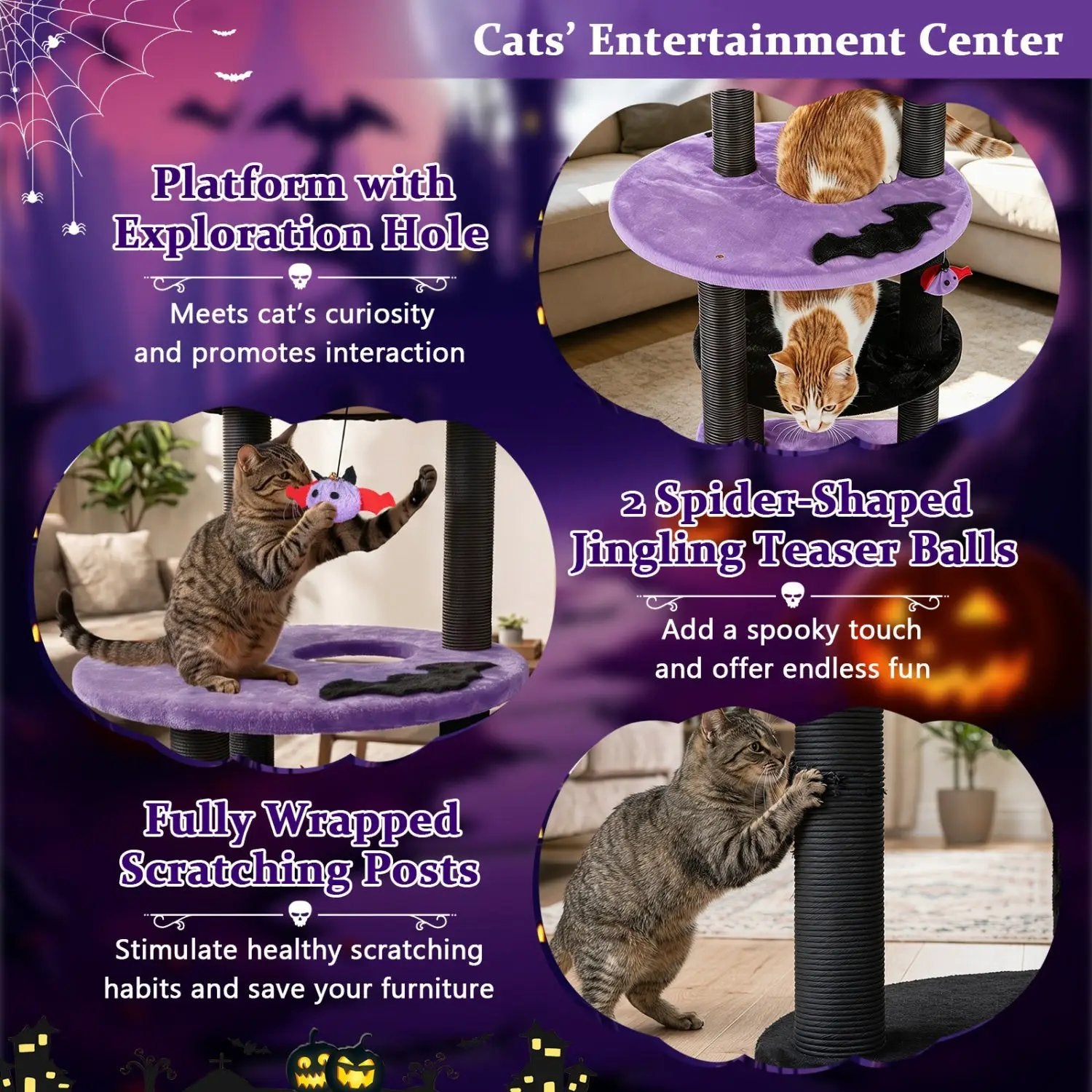 60-inch Gothic Cat Tower cat tree with plush perch and hanging toys by DirectDeals