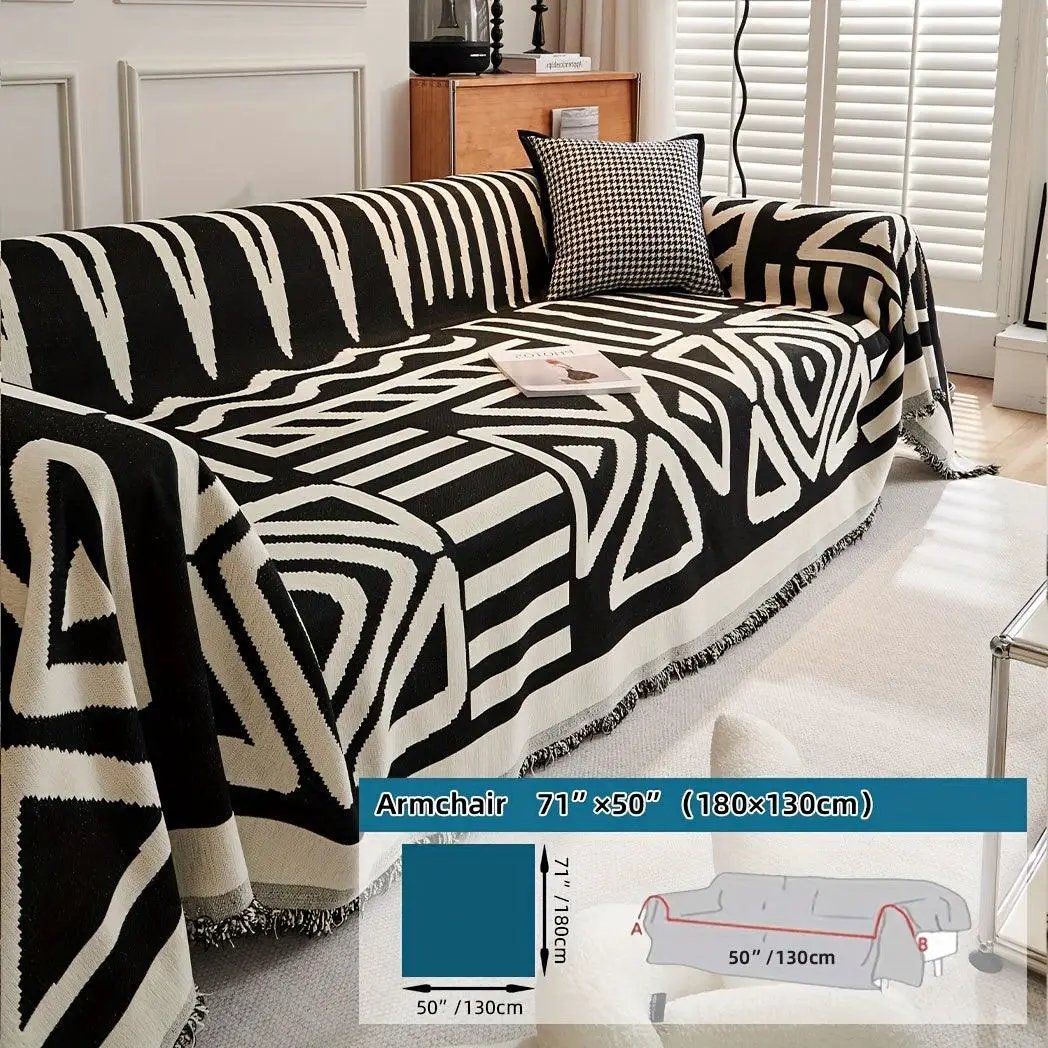 Bohemian-style chenille couch cover, extra-long, black and white geometric design, topspet anti-dog-scratch