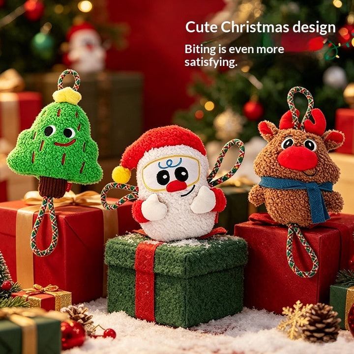 Three holiday rope toy designs beside gift boxes