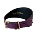 Load image into Gallery viewer, Glamorous boysenberry embossed studded Italian leather dog collar, 3-inch wide with gold-tone buckle
