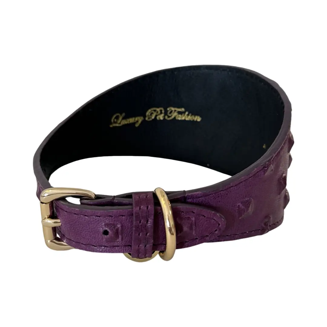 Glamorous boysenberry embossed studded Italian leather dog collar, 3-inch wide with gold-tone buckle