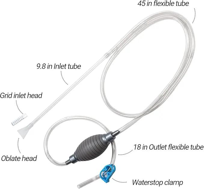 Siphon gravel cleaner set for terrariums; clear hoses with grey hand pump and blue clamp.