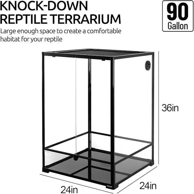 PawMart 90 Gallon Reptile Terrarium, black-framed 24x24x36 glass vivarium with front door and top ventilation