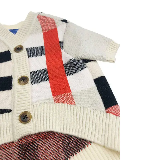Pet Zen dog sweater in cream knit with red and black plaid blocks and brown buttons