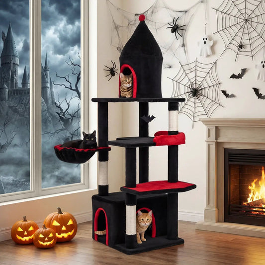 63 Inch Gothic Cat Tree by DirectDeals; black/red, condo/top cave, two cats in cubbies, three pumpkins nearby.