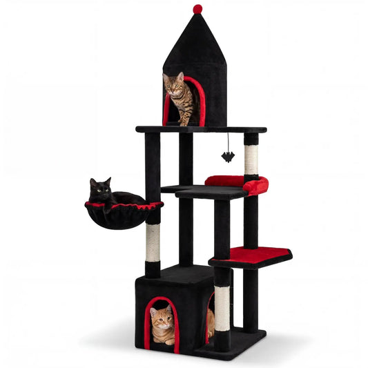63 Inch Gothic Cat Tree by DirectDeals in black with red accents, condo top cave and multiple perches; two cats visible.