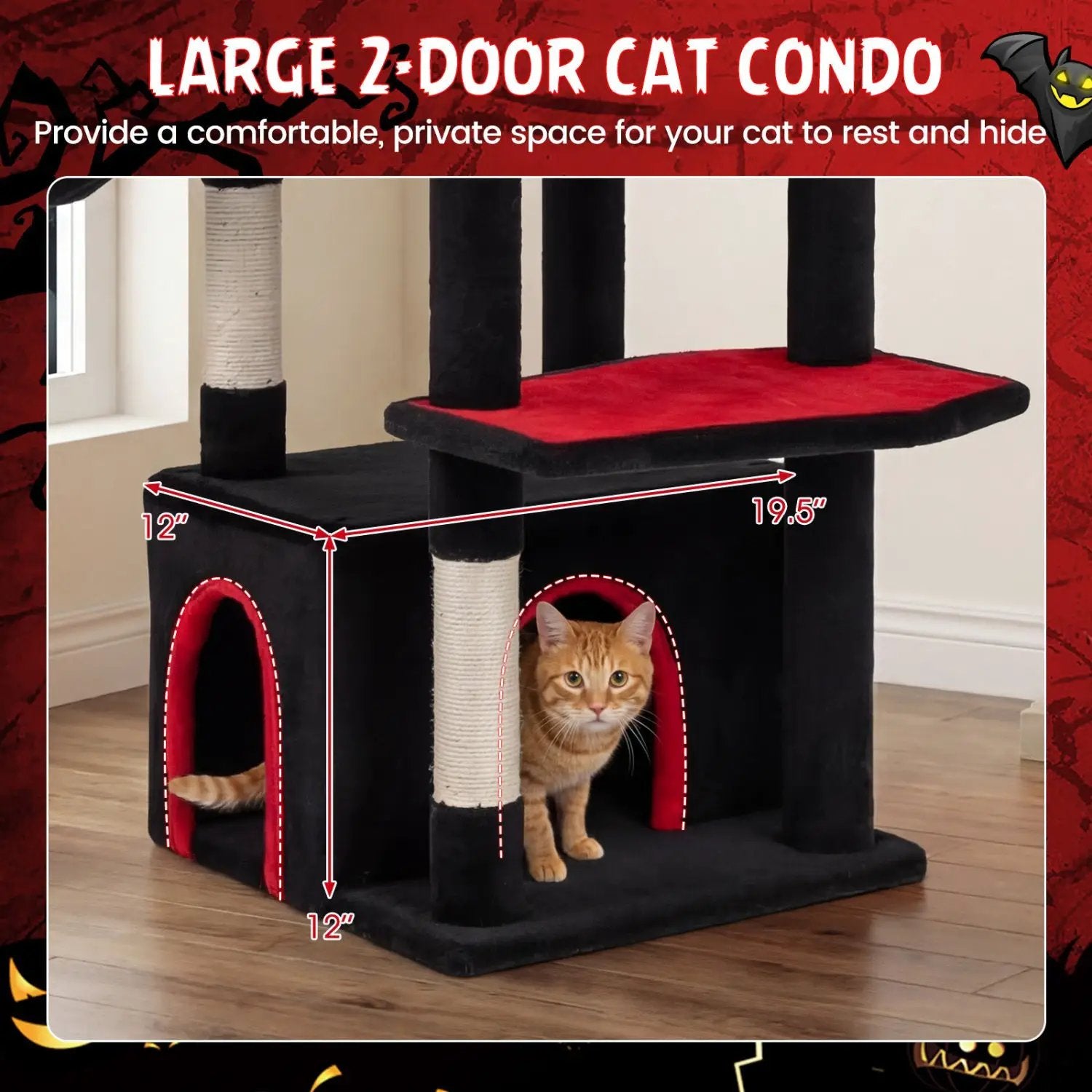 Gothic cat tree 63 inches by DirectDeals with black exterior and top cave and red condo openings for large cats