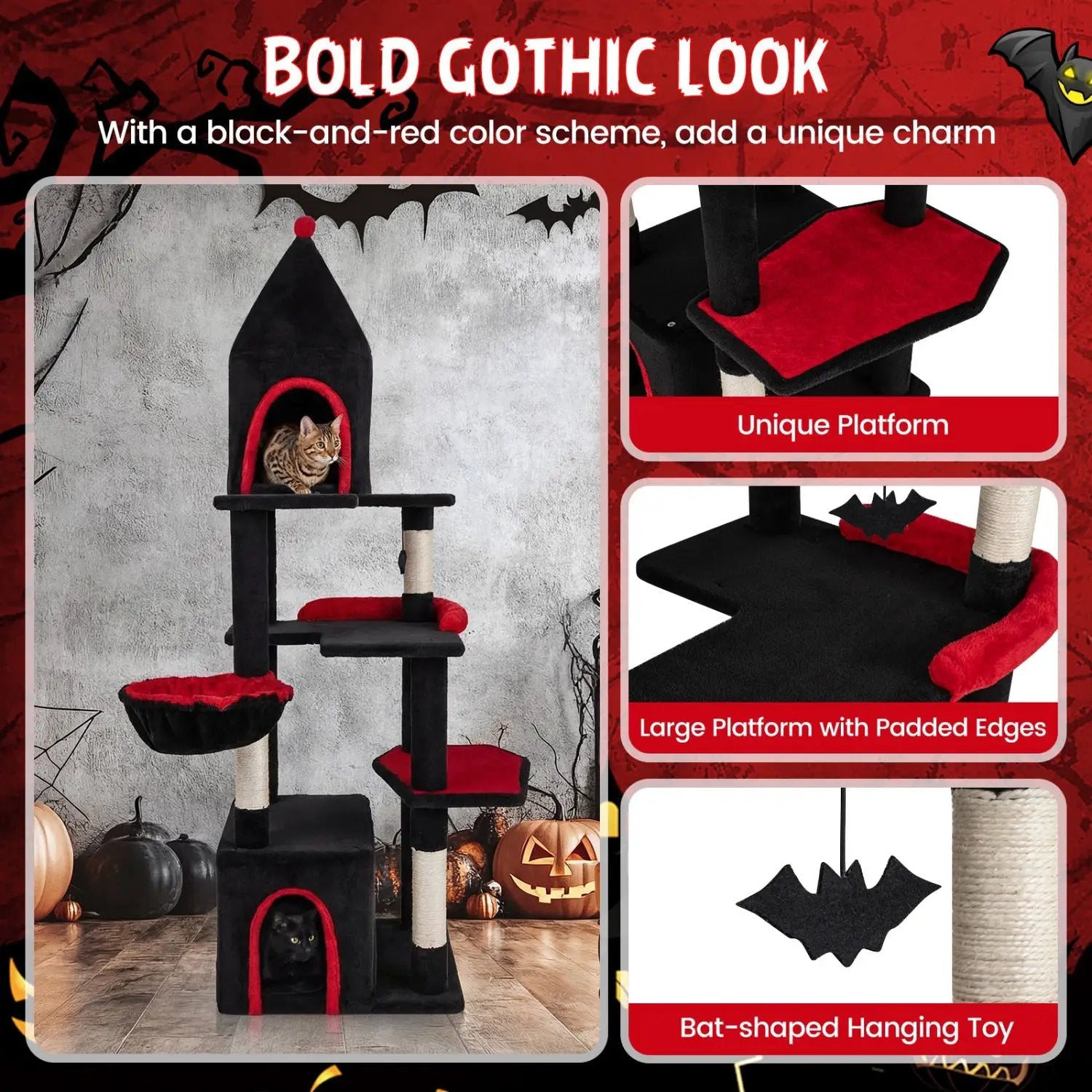 63-Inch Gothic Cat Tree by DirectDeals, black-and-red suede with condo and top cave for large cats