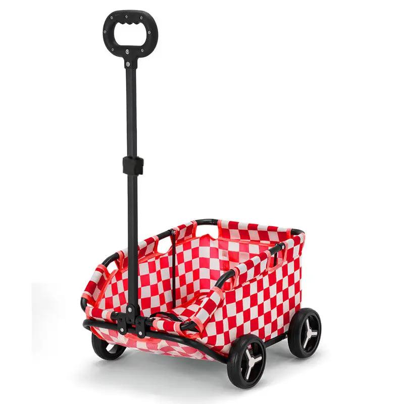 Pet Zen pet stroller cart for small dogs/cats, red checker fabric, foldable with four wheels.