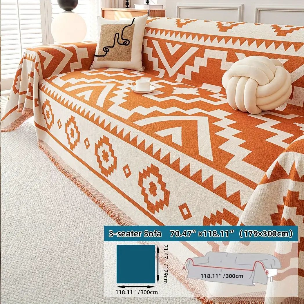 Boho-Chic All-Season Sofa Cover for a 3-seater sofa with an orange and white geometric pattern.