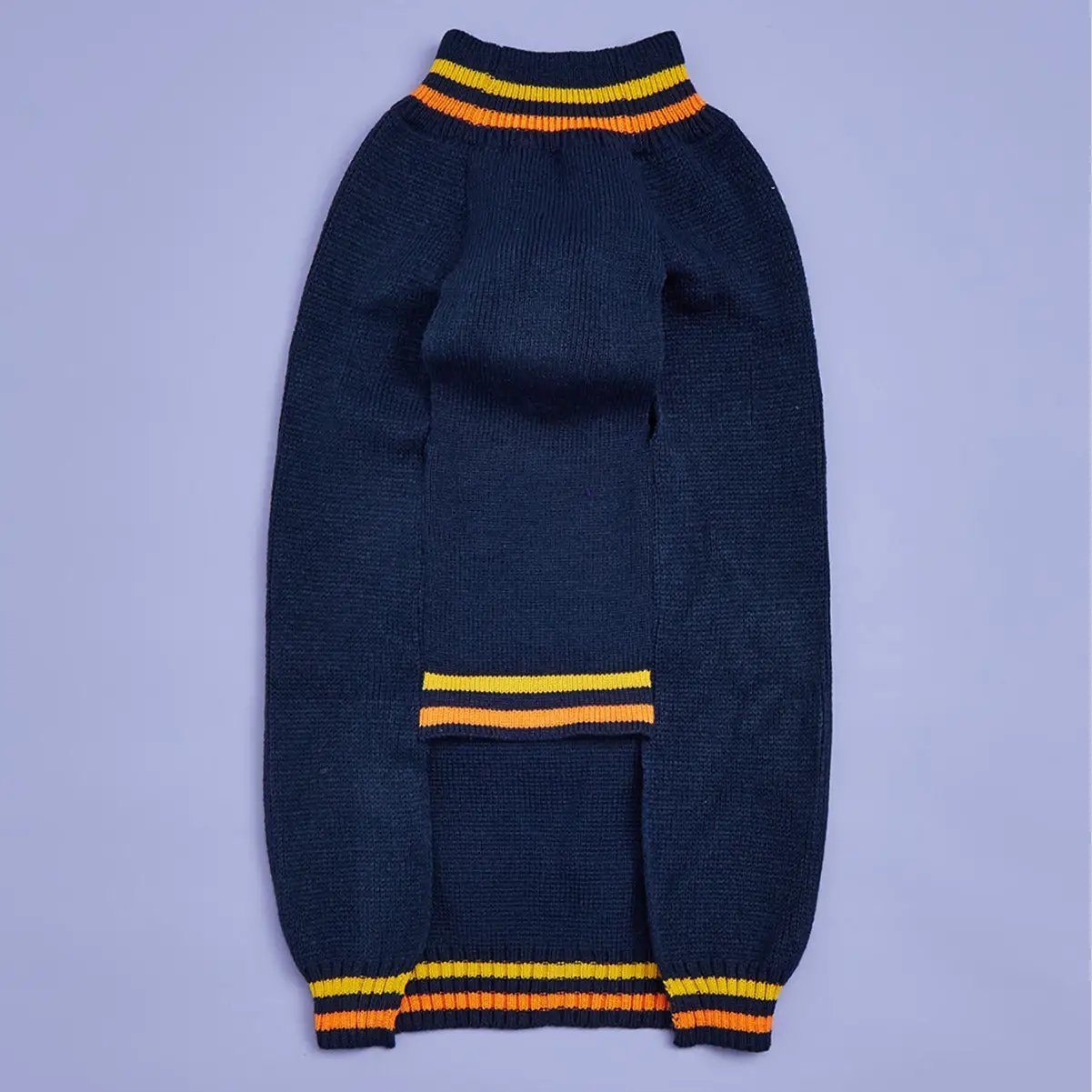 Pet sweater blue knit with orange and yellow striped cuffs and neckline