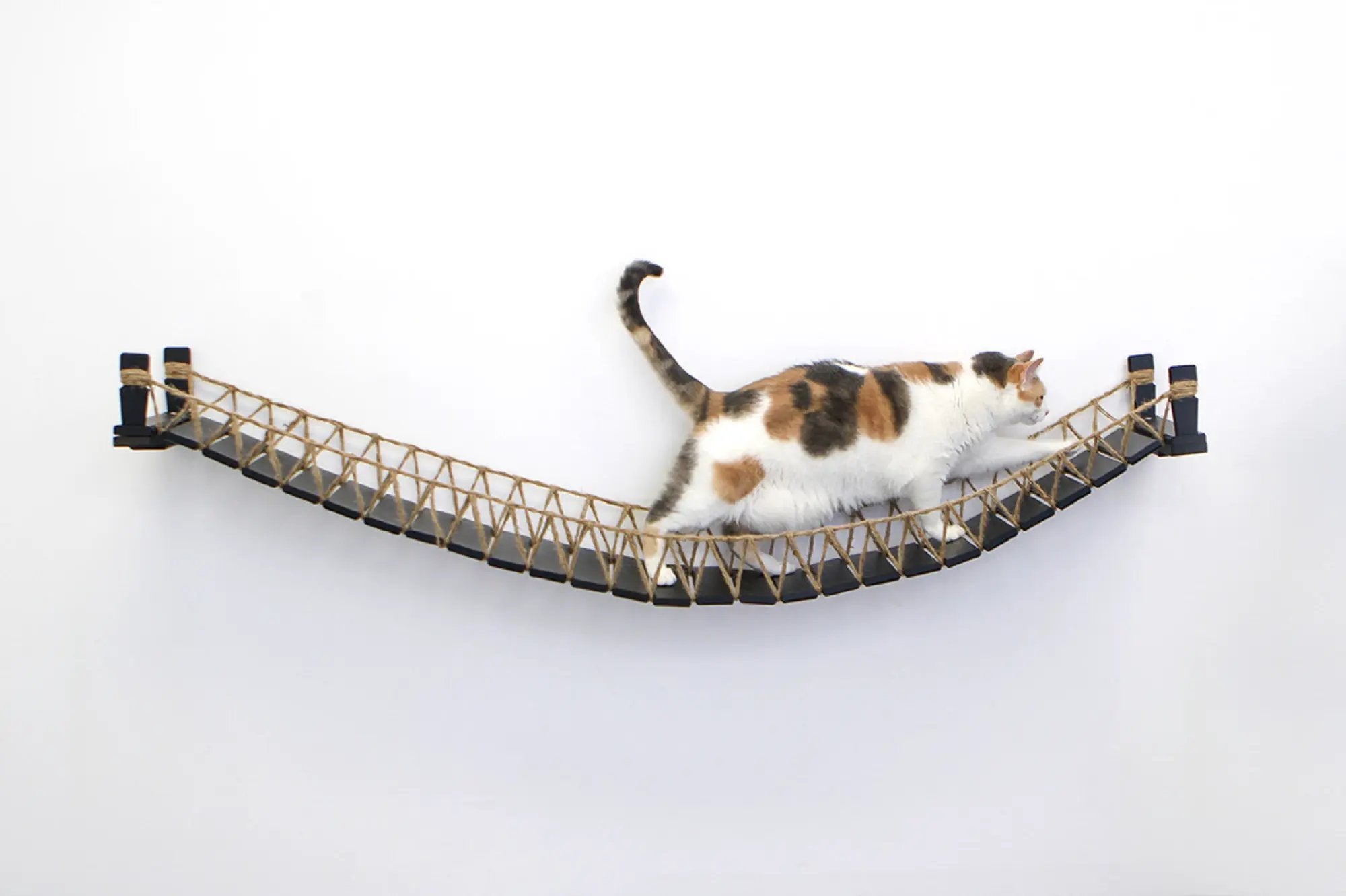 Cat Bridge for Wall cat perch, curved rope bridge with woven lattice and black end caps