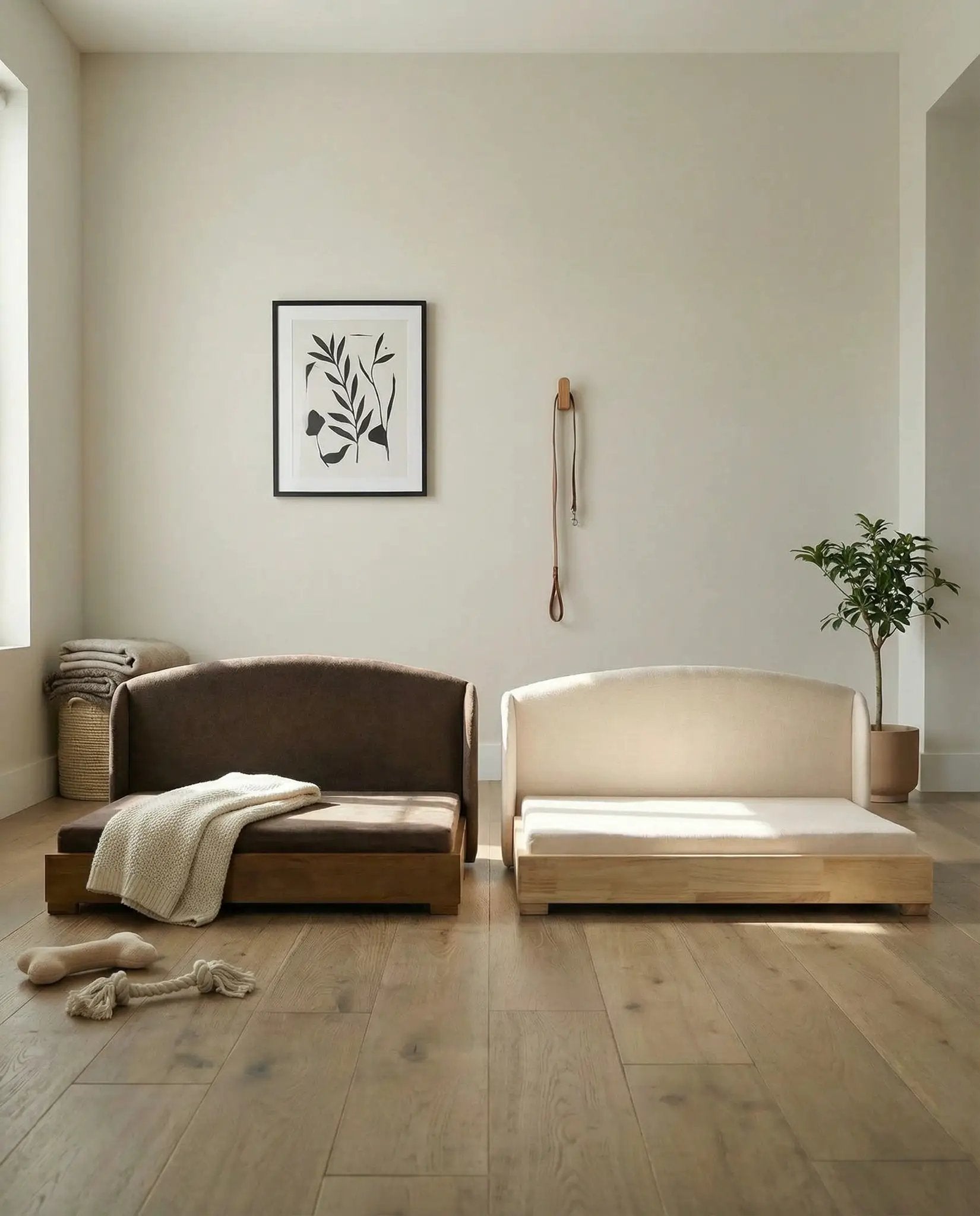 The Haven dog bed set, solid wood frame; orthopedic design, two beds in dark brown and beige.