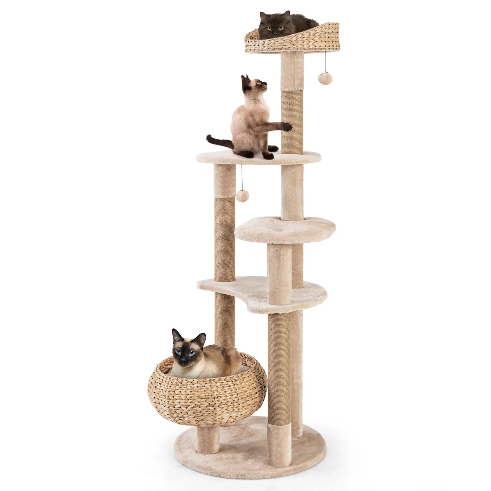 59 Inches Cat Tree with Perch and Soft Hammock for Indoor Cats-Beige by DirectDeals