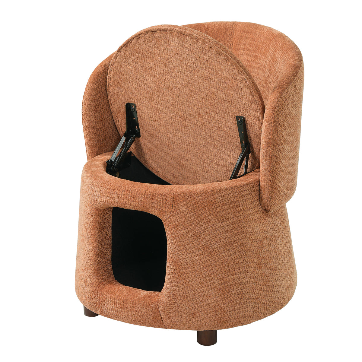 Orange textured chair by Home Furnishers with hidden pet nook.