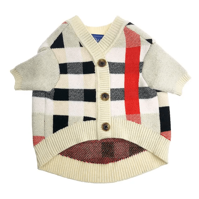 Pet Zen dog sweater cardigan in cream plaid with brown buttons and ribbed trim