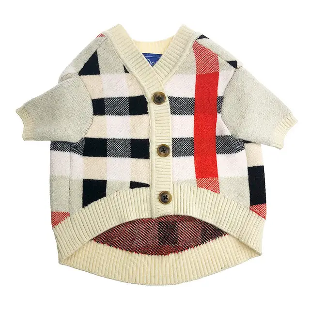 Pet Zen dog sweater cardigan in cream plaid with brown buttons and ribbed trim