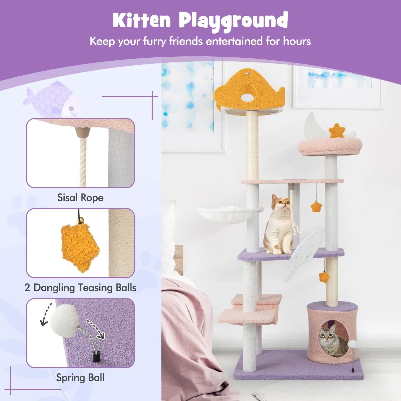 DirectDeals 66 Inch Purple Multi-Level Cat Tree With Sisal Scratching by DirectDeals