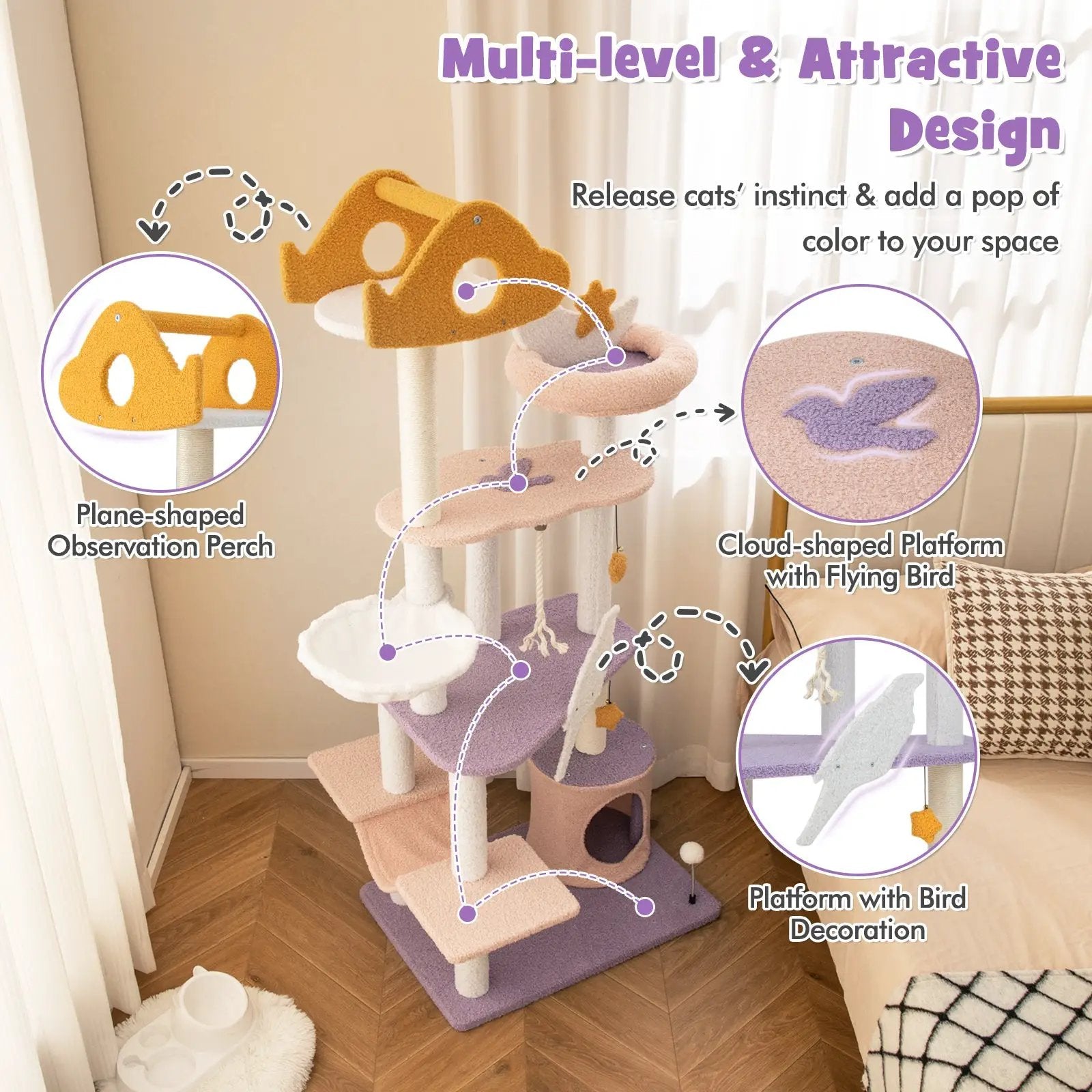 DirectDeals 66 Inch Purple Multi-Level Cat Tree With Sisal Scratching by DirectDeals