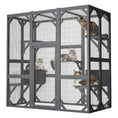 Load image into Gallery viewer, Outdoor Cat Enclosure, gray wood frame with mesh panels and waterproof roof; several cats inside
