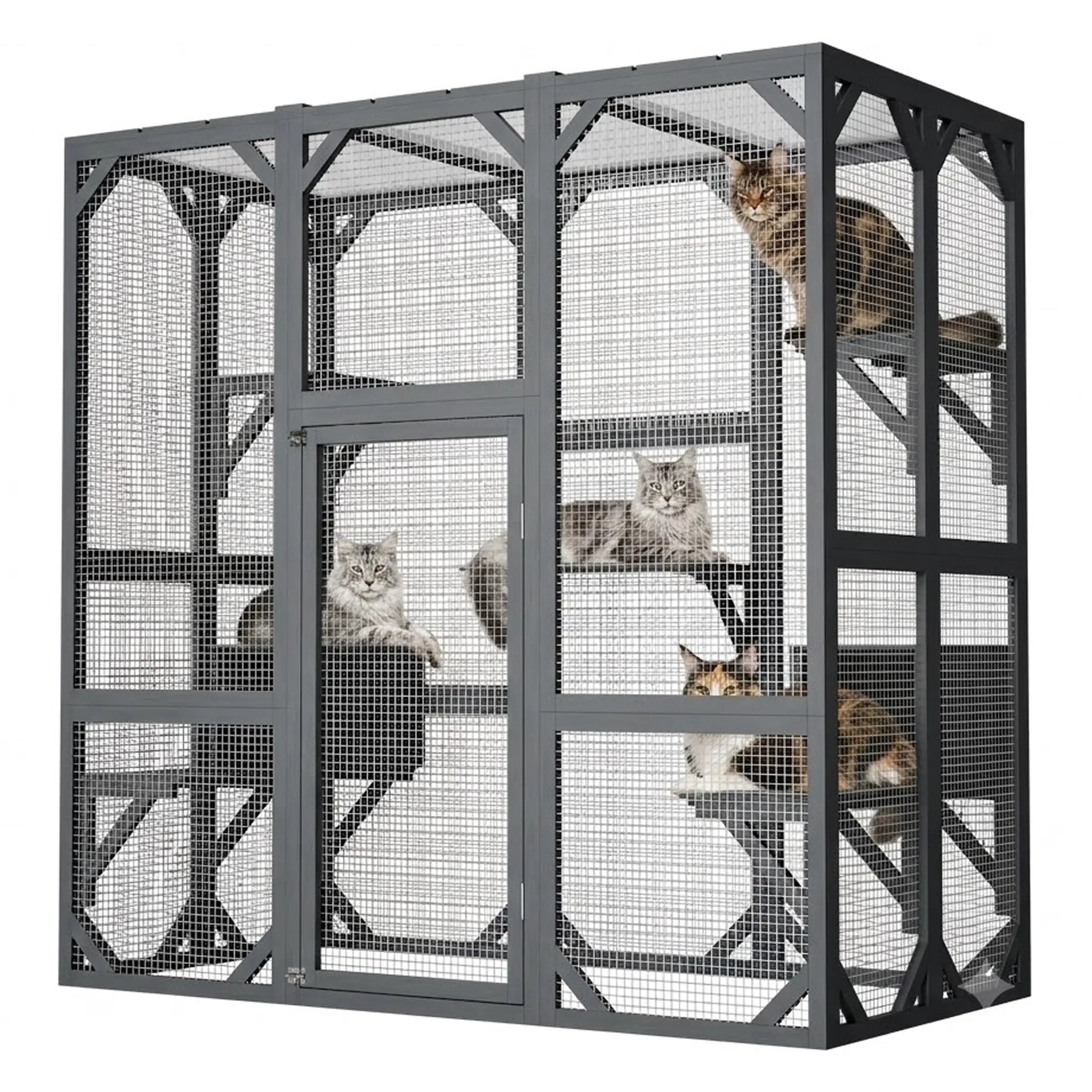 Outdoor Cat Enclosure, gray wood frame with mesh panels and waterproof roof; several cats inside