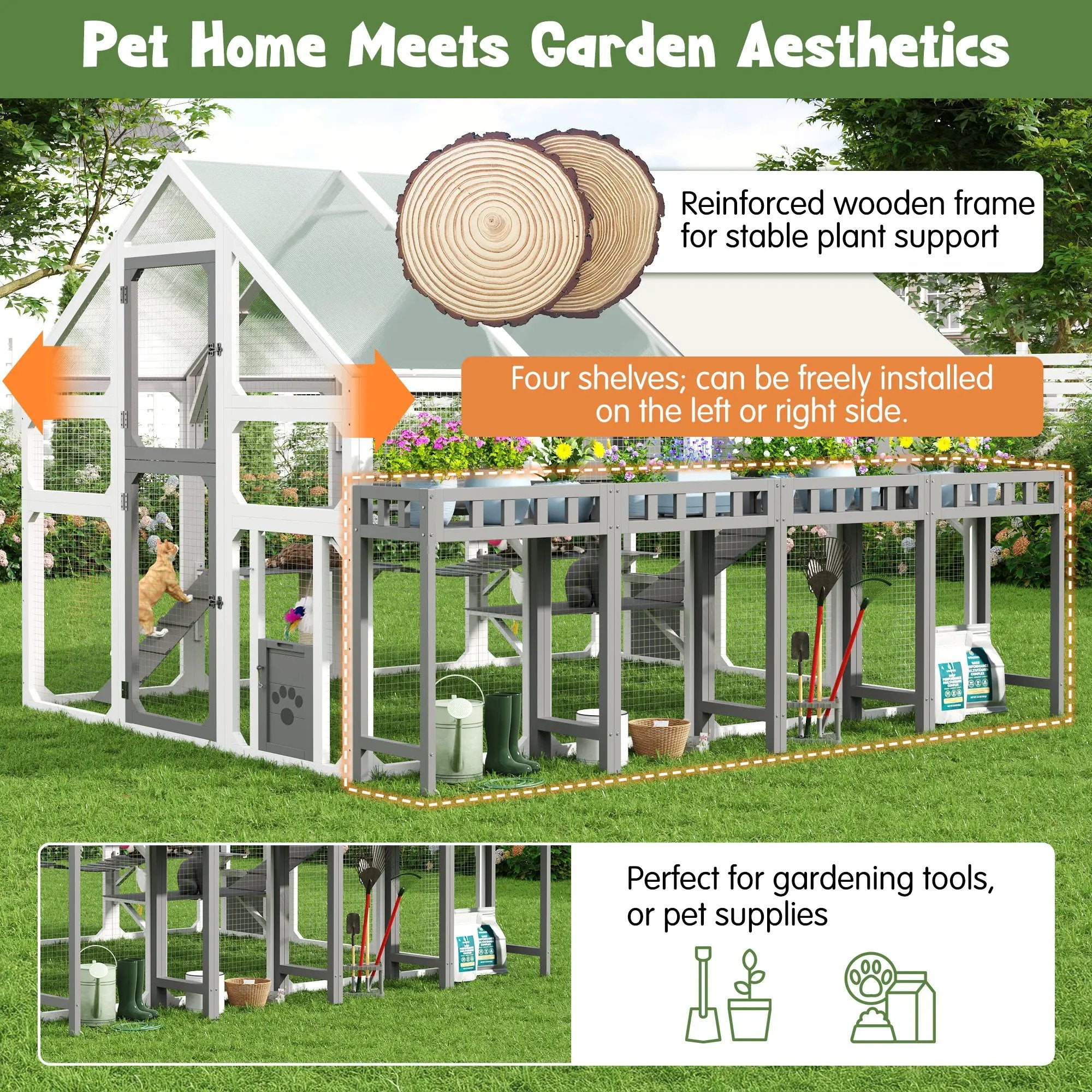 Large outdoor cat enclosure with planter stand and walk-in access in grey and white wooden frame.