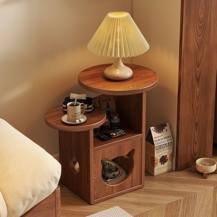 Walnut-color cat side table with round tops