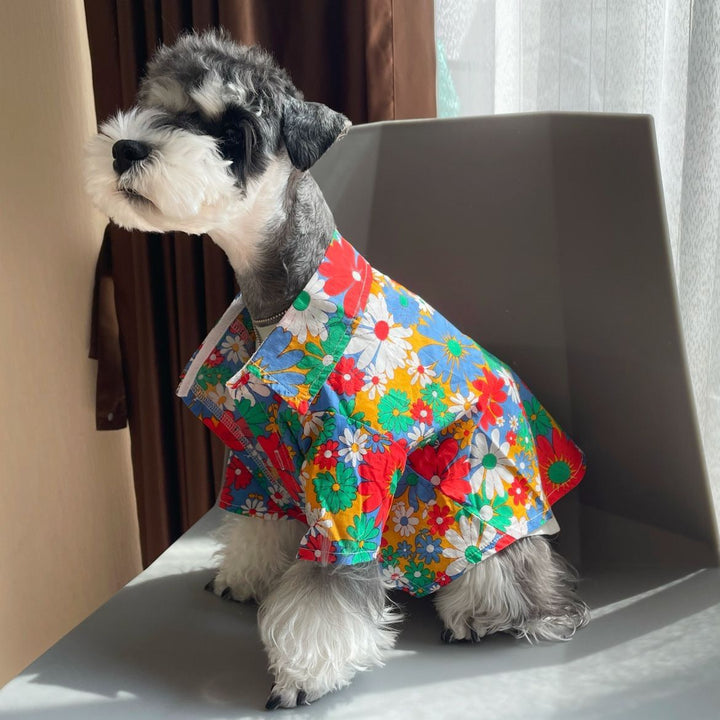 Side view of multicolor daisy dog shirt