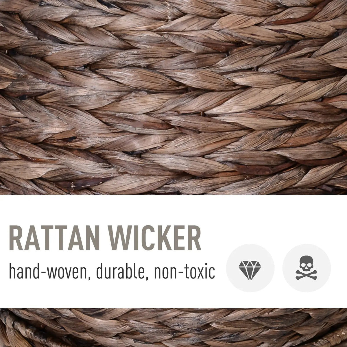 Rattan wicker close-up texture in dark brown, interwoven natural fibers.