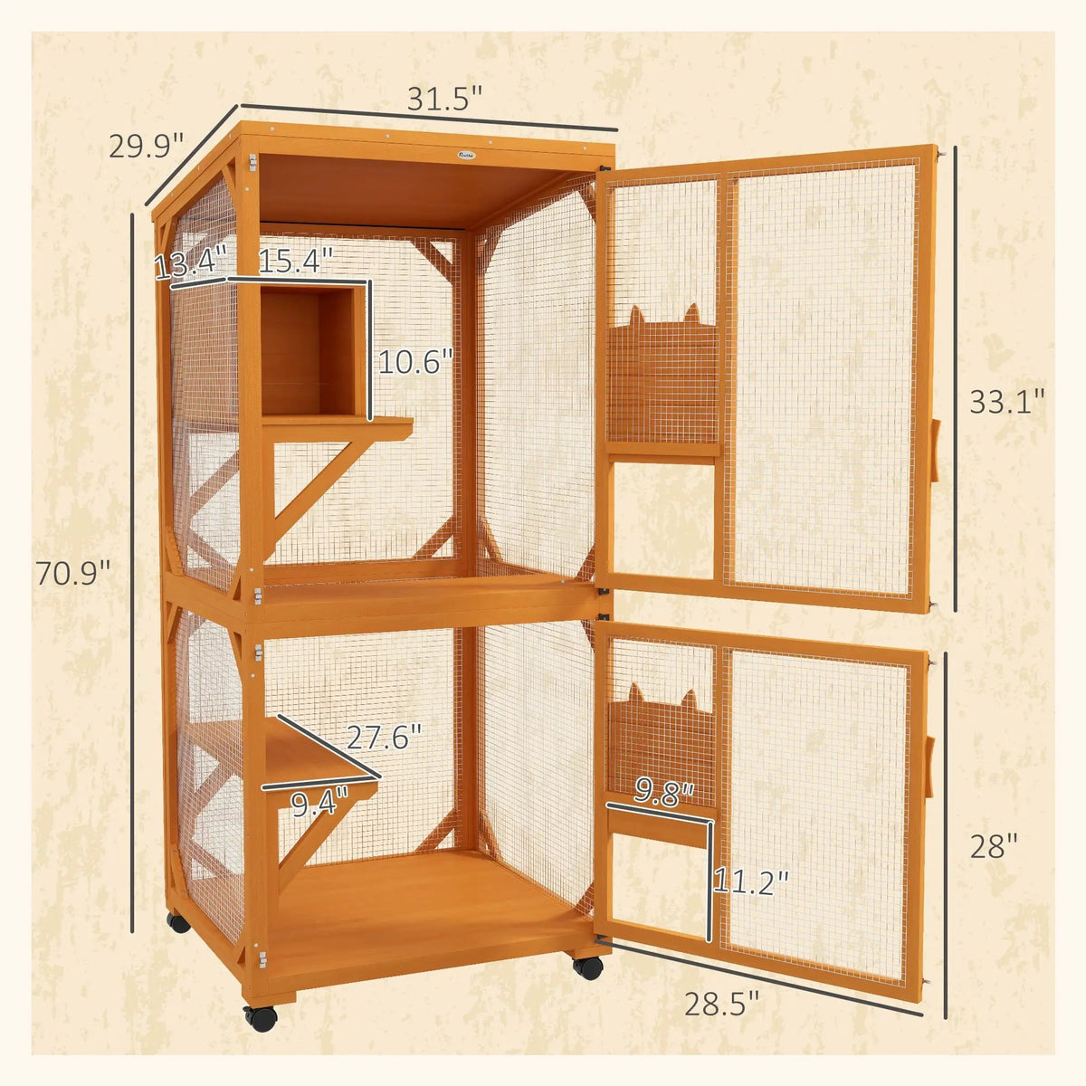 PawHut cat enclosure size diagram: 31.5 in wide, 29.9 in deep, and 70.9 in high, with doors open