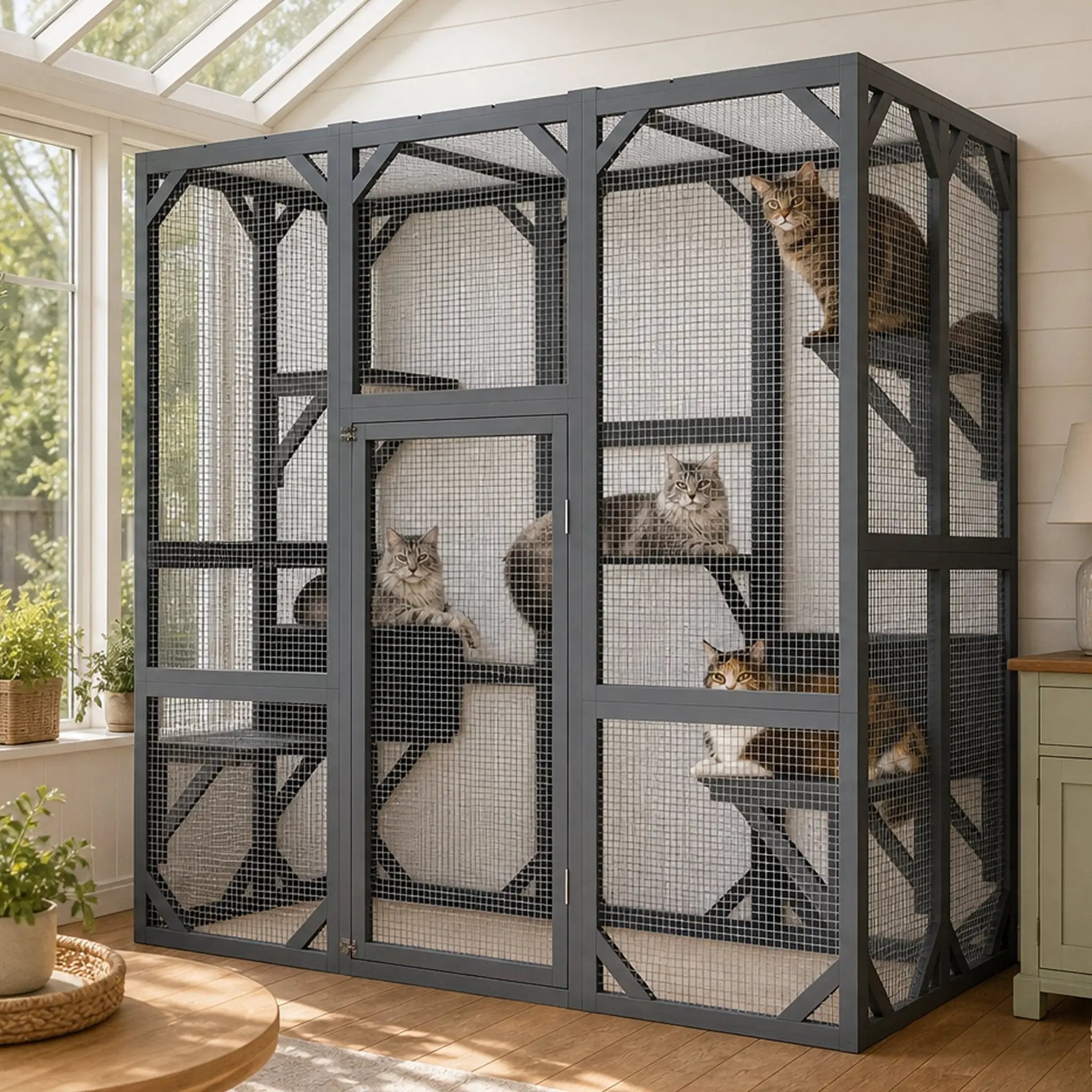 Outdoor cat enclosure, large gray metal-framed with mesh panels; multiple cats inside.