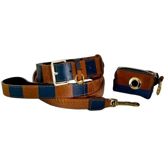 Riviera Classic Set with Matching Poo Bag Purse in brown and navy faux leather with gold hardware