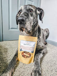 Carica l'immagine nel visualizzatore della galleria, Salmon Fillet dog treat by Naked Beasts in an orange pouch beside a brindle dog
