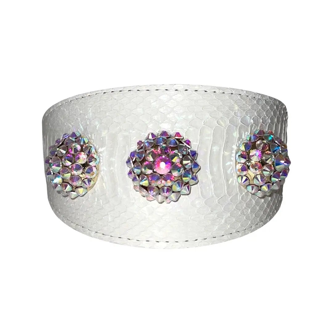 Allysa Payne Beverly Hills matte white 3in wide collar with three Swarovski rivet clusters