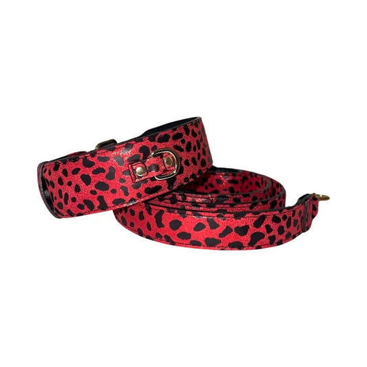 Allysa Payne Beverly Hills red and black leopard print Italian leather collar and leash set