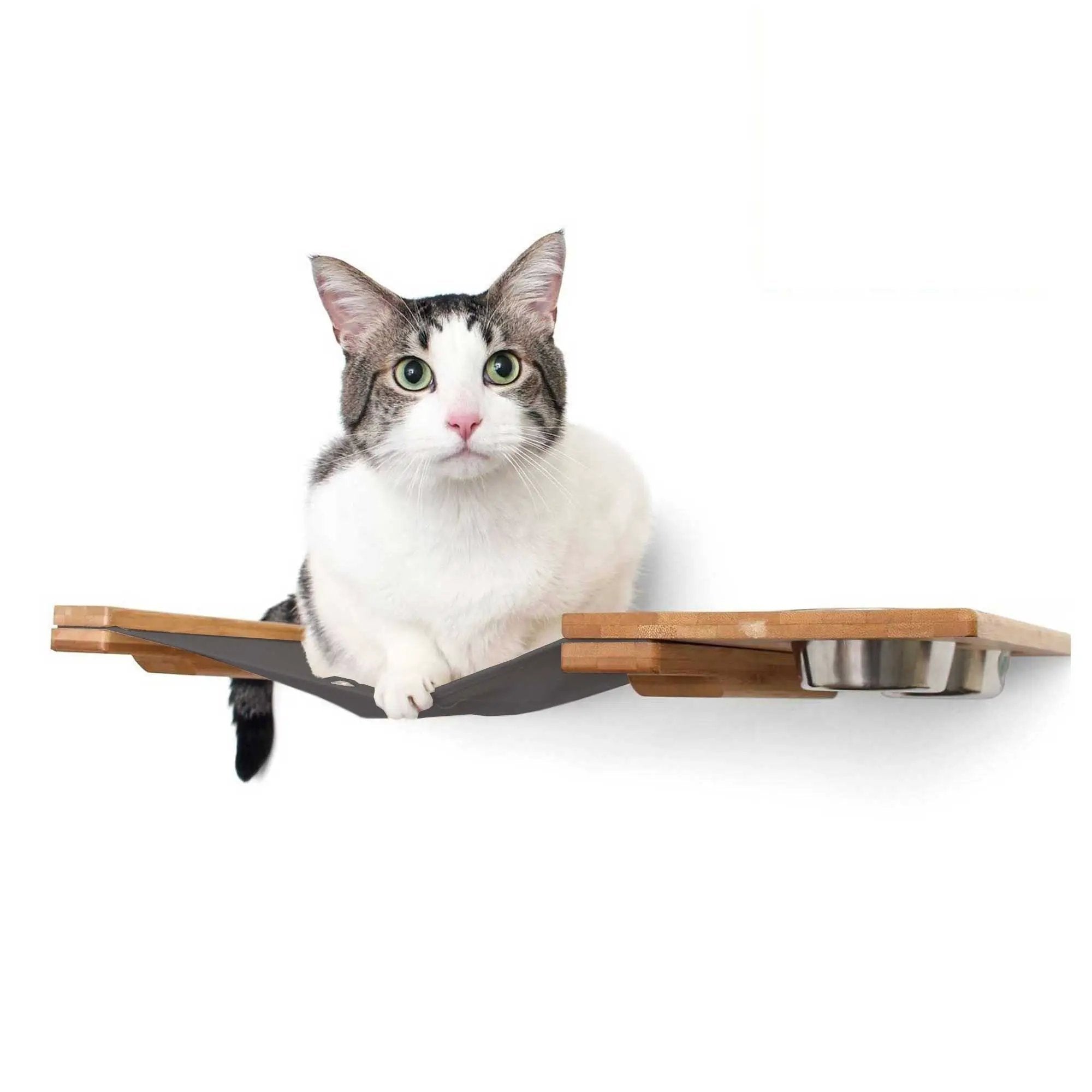 Cat hammock by Catastrophic Creations, wall-mounted raised cat furniture with wood planks.